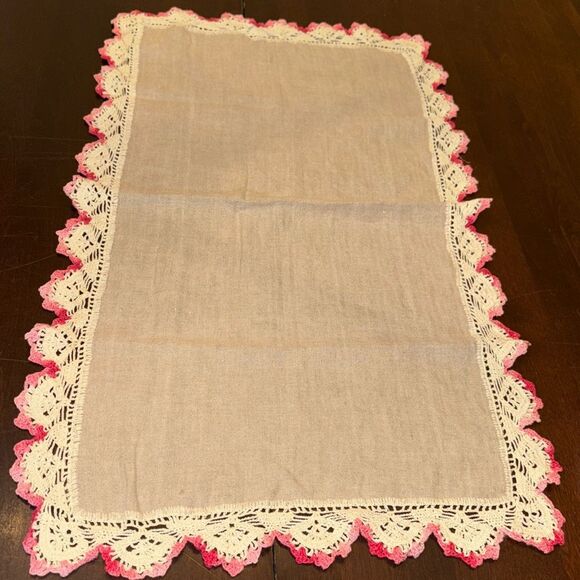 Vintage Taupe Table Runner Doily with Pink Crochet Edges - Picture 3 of 5